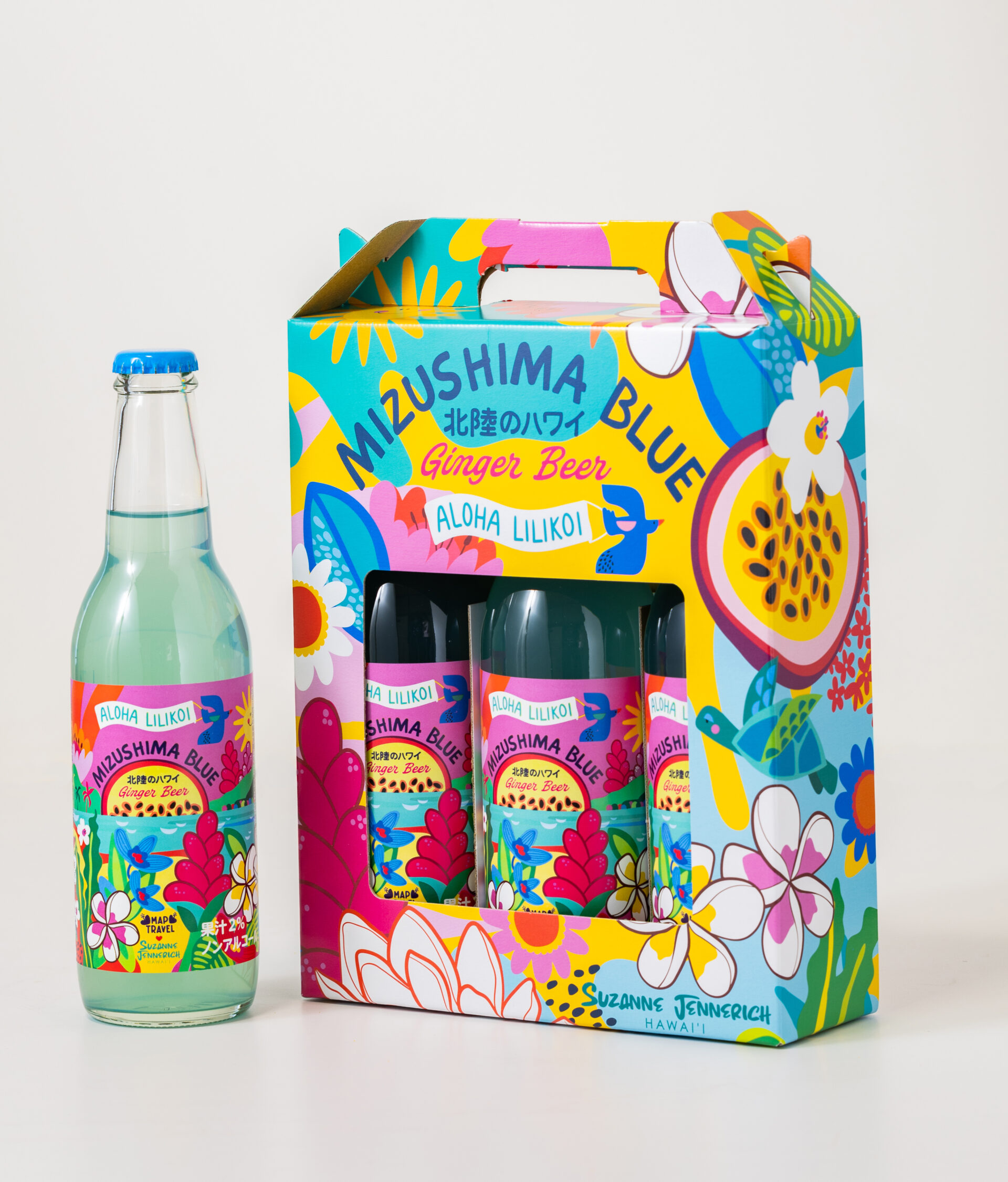 ギフトボックスでは、敦賀市の特徴（氣比神宮、気比の松原）とハワイの特徴をミックスしたデザインとしている。